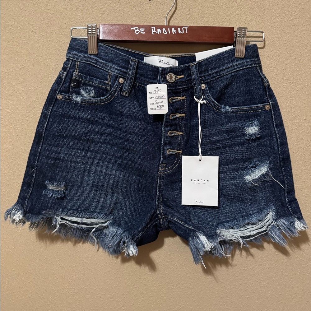 KanCan Women's Frayed Hem Jean Shorts - Dark Blue